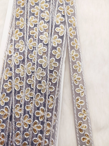 Wholesale Grey Net Lace Floral Embroidery & Glitter Gold Sequins, Indian Wedding Border, Gifting Ribbon Costume Trim Fashion Trimming